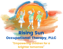 A group of children standing in front of an orange sun.